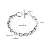 Silver Pearl Bracelet Stainless Steel Chain Bangle for Women