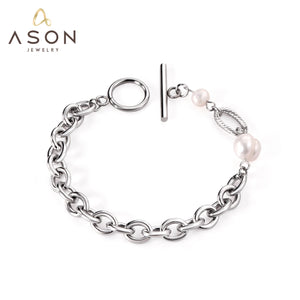 Silver Pearl Bracelet Stainless Steel Chain Bangle for Women