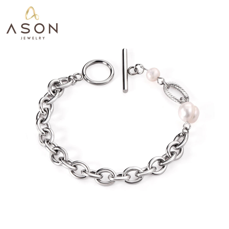 Silver Pearl Bracelet Stainless Steel Chain Bangle for Women