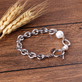Silver Pearl Bracelet Stainless Steel Chain Bangle for Women