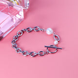 Silver Pearl Bracelet Stainless Steel Chain Bangle for Women