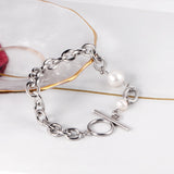 Silver Pearl Bracelet Stainless Steel Chain Bangle for Women