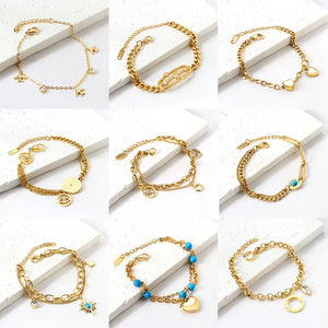 Stainless Steel Chains Bracelets with Cubic Zirconia Eyes Heart Charm