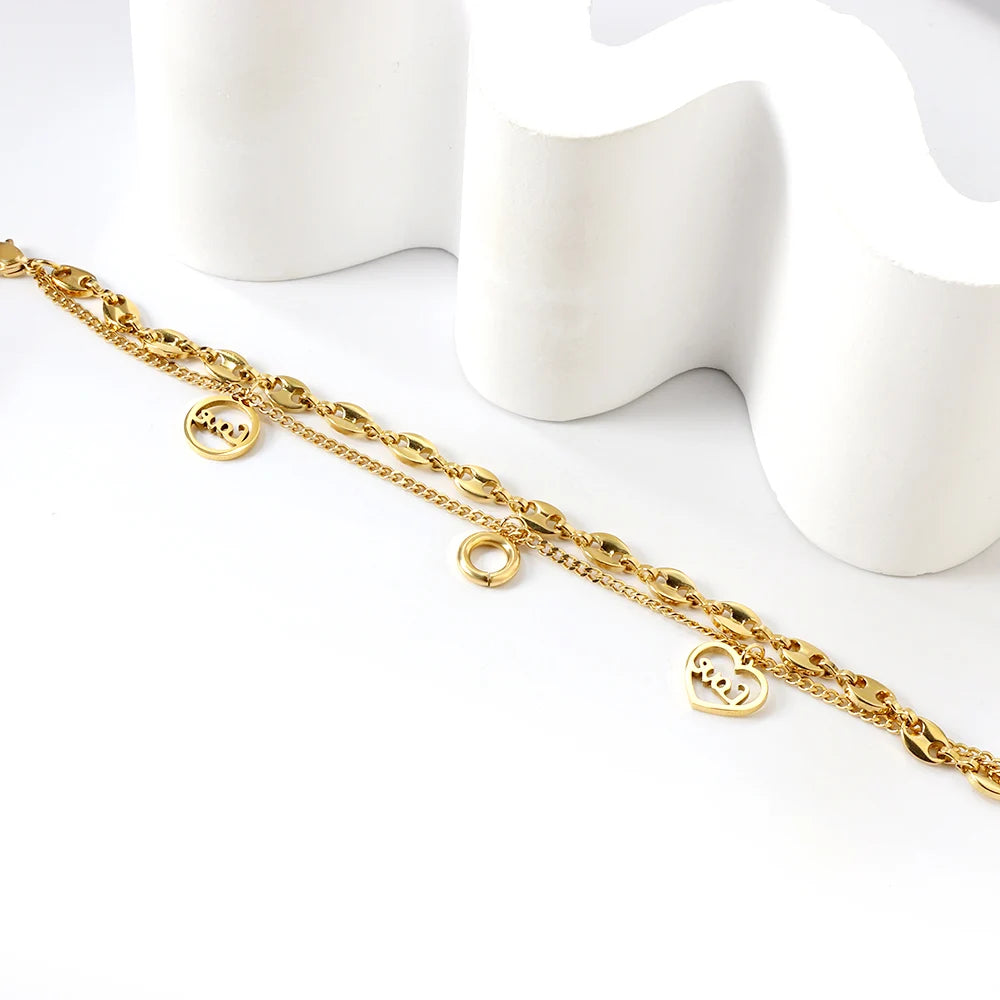 Stainless Steel Chains Bracelets with Cubic Zirconia Eyes Heart Charm
