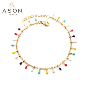 Colorful Oval Beads Charm Tassels Bracelet Stainless Steel