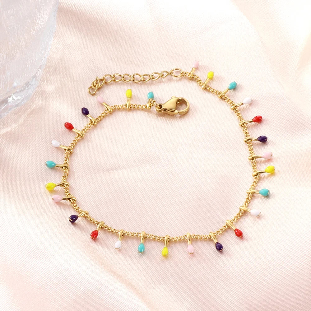 Colorful Oval Beads Charm Tassels Bracelet Stainless Steel