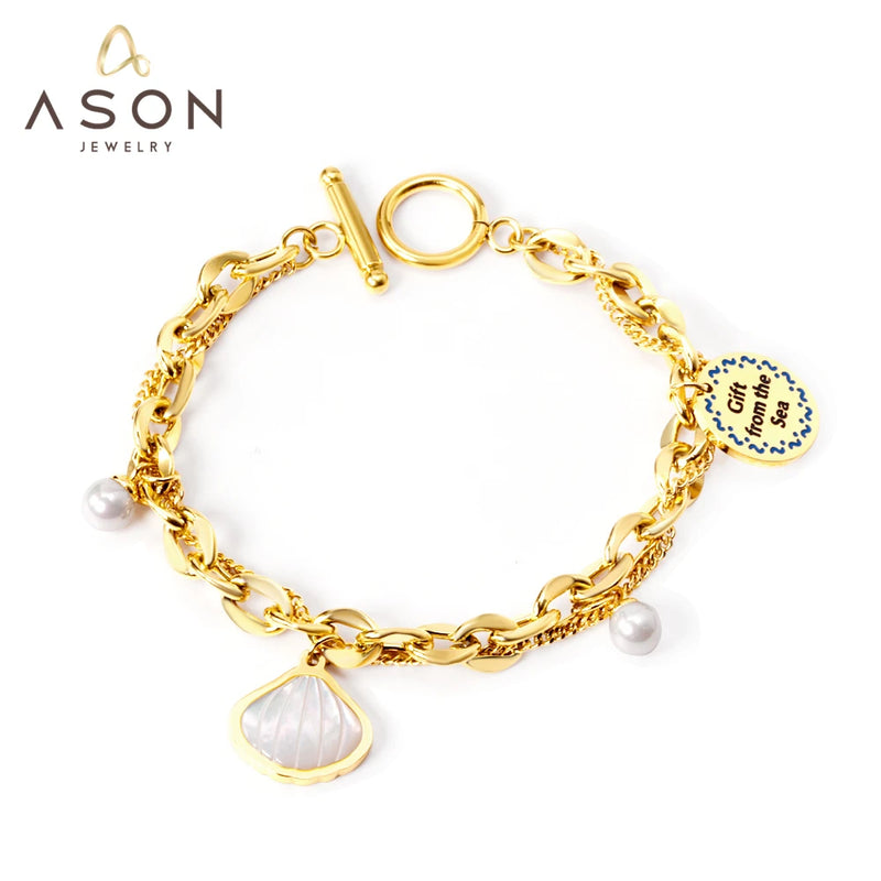 Shell Pendant Pearl Charm Bracelet Stainless Steel Bangle