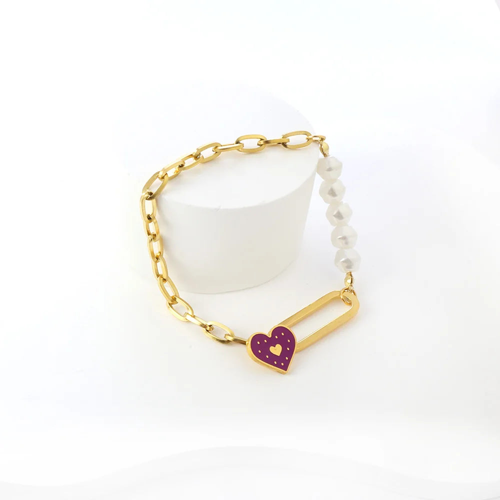 Purple Heart Shape Chain Bracelet Women Stainless Steel Bangle
