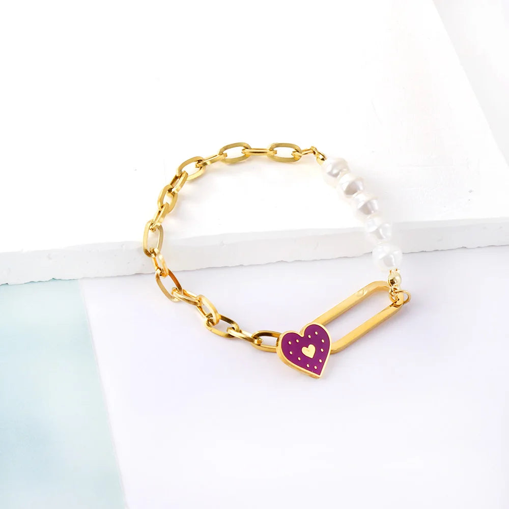 Purple Heart Shape Chain Bracelet Women Stainless Steel Bangle