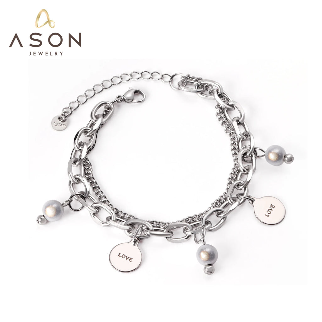Vintage Silver Pearl Steel Coin Charm Bracelet Bangle for Women