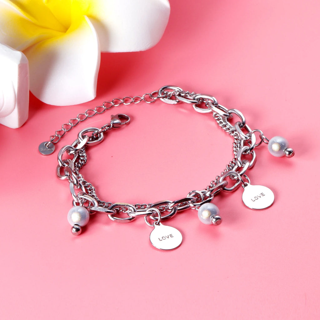 Vintage Silver Pearl Steel Coin Charm Bracelet Bangle for Women