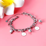 Vintage Silver Pearl Steel Coin Charm Bracelet Bangle for Women