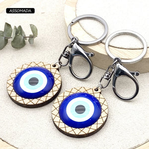 ASSOMADA Wood Evil Eye Keychain For Girl Women Men Bag Car Eyes Key Chain
