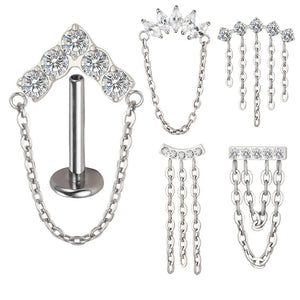 ASTM F136 Titanium Ear Piercing Stud with Dangle Chain and CZ Earrings