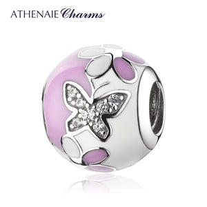 925 Silver Enamel Butterfly Daisy Charm Bracelet Pendant