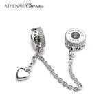 925 Silver Clear CZ Love Hearts Safety Chain Charms Beads DIY Jewelry