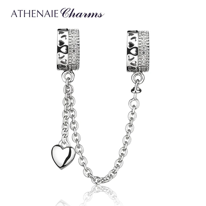 925 Silver Clear CZ Love Hearts Safety Chain Charms Beads DIY Jewelry