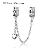 925 Silver Clear CZ Love Hearts Safety Chain Charms Beads DIY Jewelry