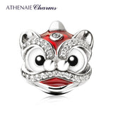 925 Silver CZ Mixed Enamel Lion Dance Charms Red Beads for Bracelets