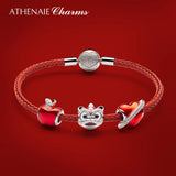 925 Silver CZ Mixed Enamel Lion Dance Charms Red Beads for Bracelets
