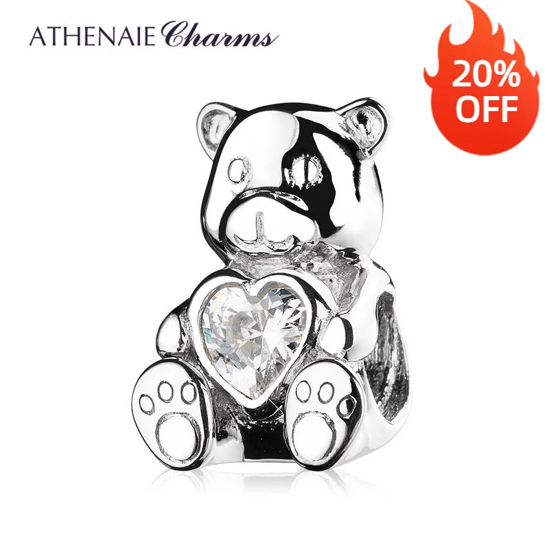 925 Silver Teddy Bear Heart Charm for Bracelet & Necklace