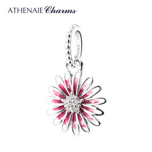 925 Silver Enamel Zircon Daisy Dangle Charms Pendant