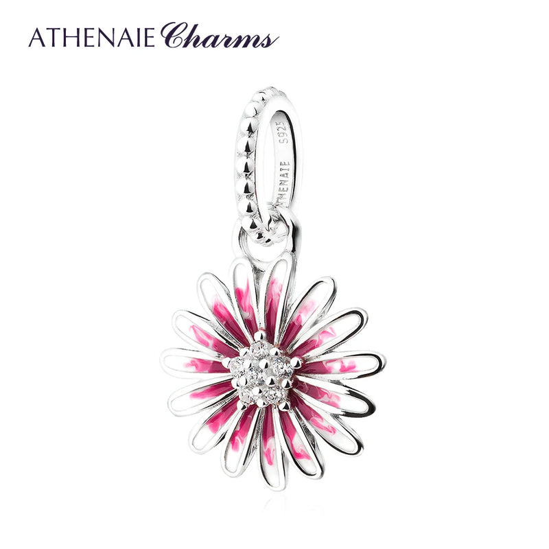 925 Silver Enamel Zircon Daisy Dangle Charms Pendant