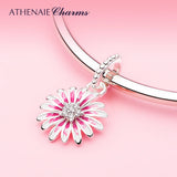 925 Silver Enamel Zircon Daisy Dangle Charms Pendant