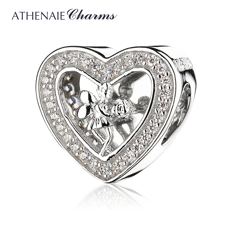 925 Silver Clear CZ Angel Rose Heart Charms for Bracelets