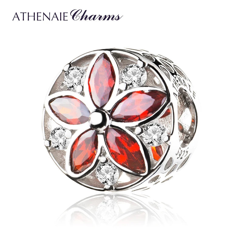 925 Silver Clear & Red/Pink CZ Floral Bead Charm