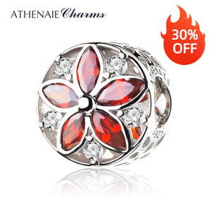 925 Silver Clear & Red/Pink CZ Floral Bead Charm