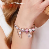 925 Silver Pink CZ & Enamel Cherry Flower Safety Chain DIY Beads