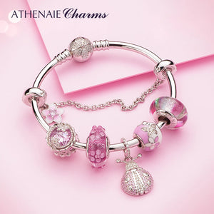 925 Silver Pink CZ & Enamel Cherry Flower Safety Chain DIY Beads