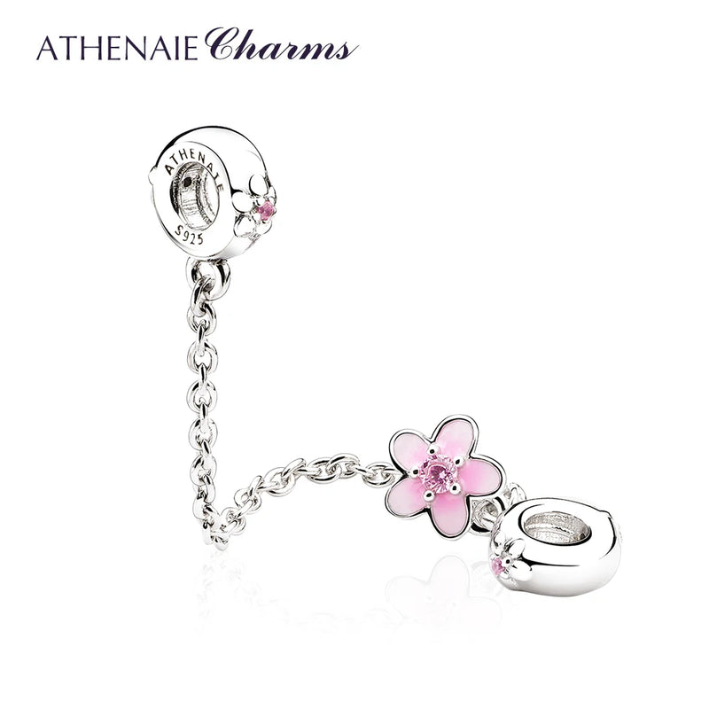 925 Silver Pink CZ & Enamel Cherry Flower Safety Chain DIY Beads