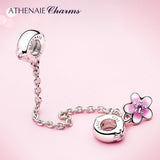 925 Silver Pink CZ & Enamel Cherry Flower Safety Chain DIY Beads