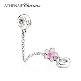 925 Silver Pink CZ & Enamel Cherry Flower Safety Chain DIY Beads