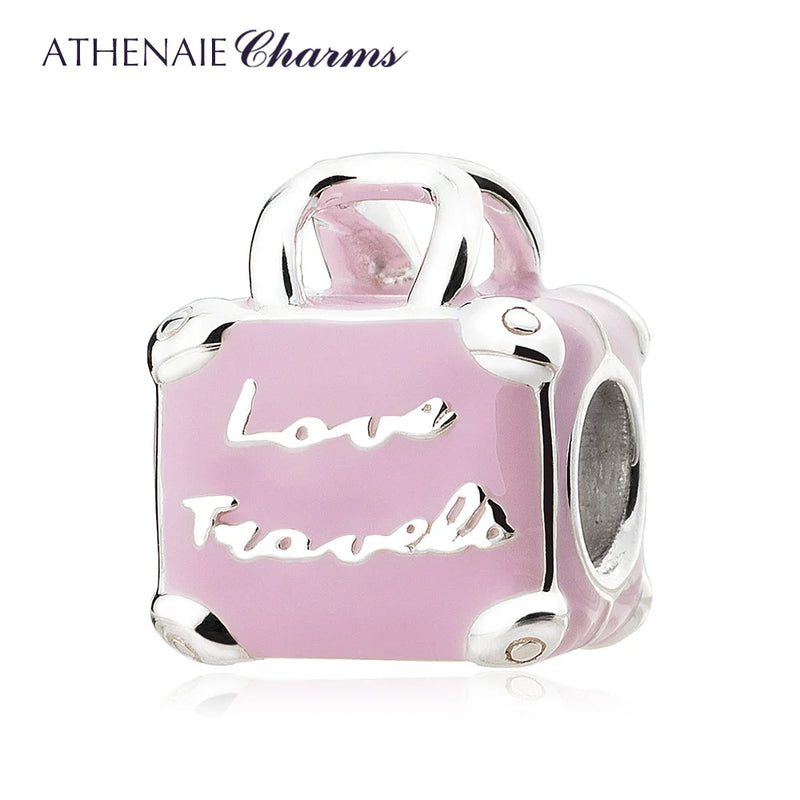 925 Silver Pink Enamel Love Travel Bag Charms for Bracelet
