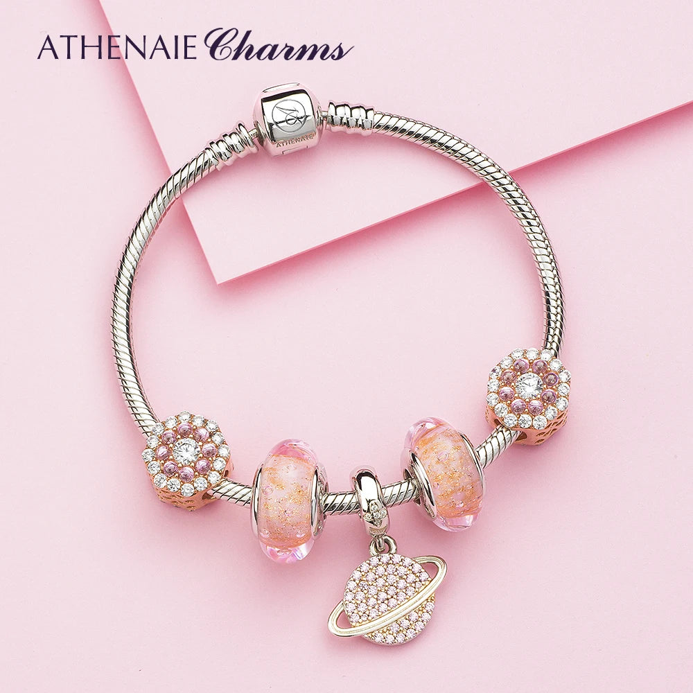 Multi-Color CZ Flower Charms Beads 925 Silver Bracelet