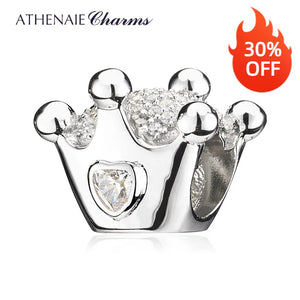 925 Silver CZ Crown Charms Beads Women Bracelets DIY Jewelry