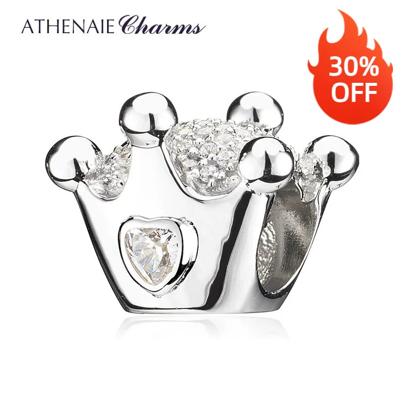 925 Silver CZ Crown Charms Beads Women Bracelets DIY Jewelry