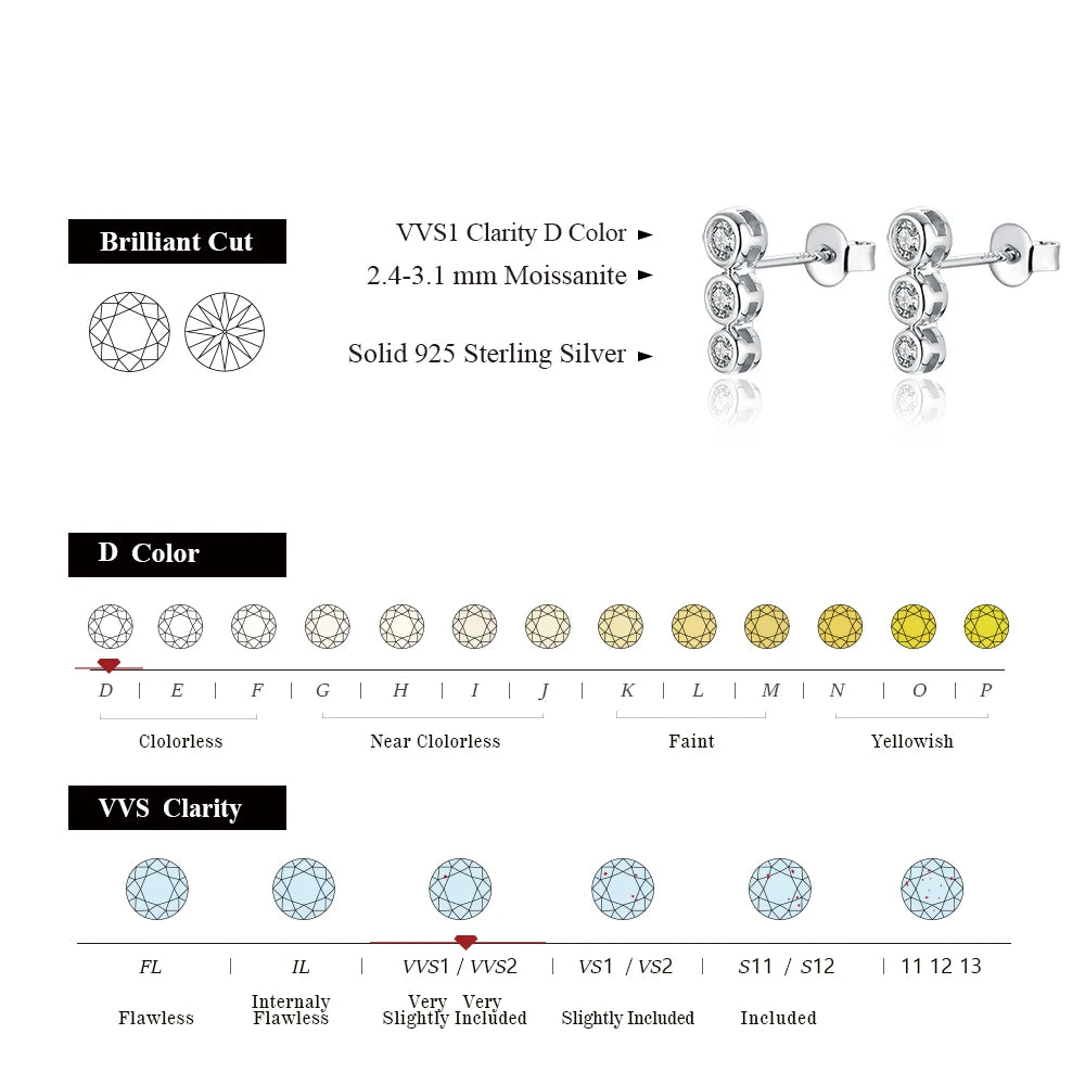 Moissanite Earrings S925 Sterling Silver Women's Fine Jewelry