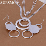 925 Silver Wedding Retro Double Round Geometric Necklace Earrings Set