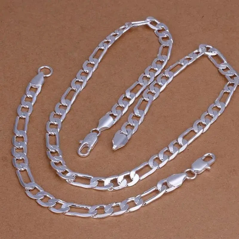 925 Sterling Silver 18K 8MM Chain Bracelet Necklace Set
