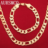 925 Sterling Silver 18K 8MM Chain Bracelet Necklace Set