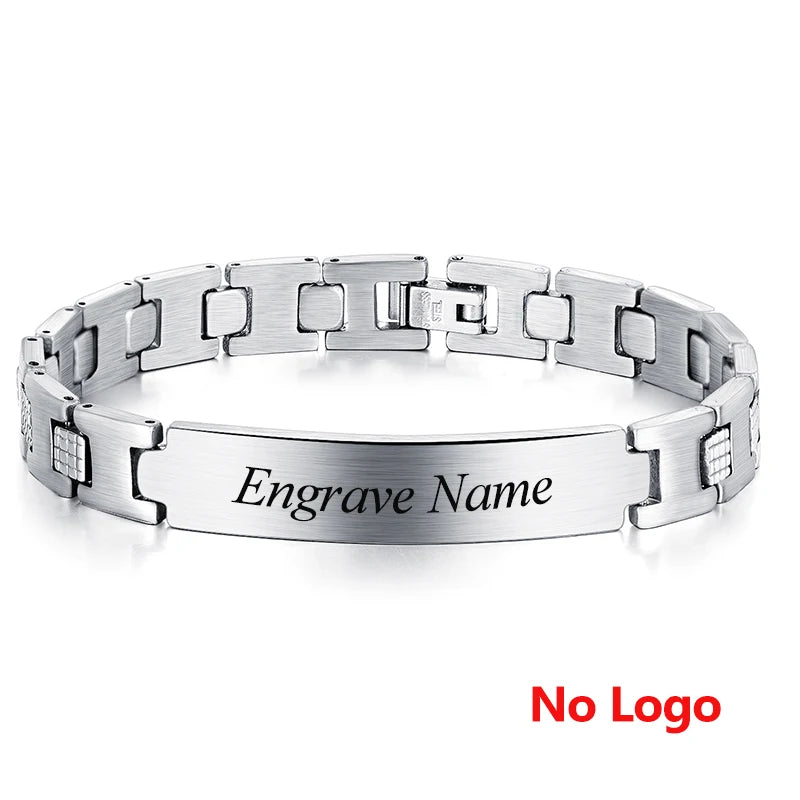 Engraved Stainless Steel Men's Charm Bracelet Punk Logo
