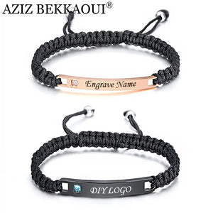 Engrave Name Leather Couple Bracelets Stainless Steel Chain Lover Jewelry