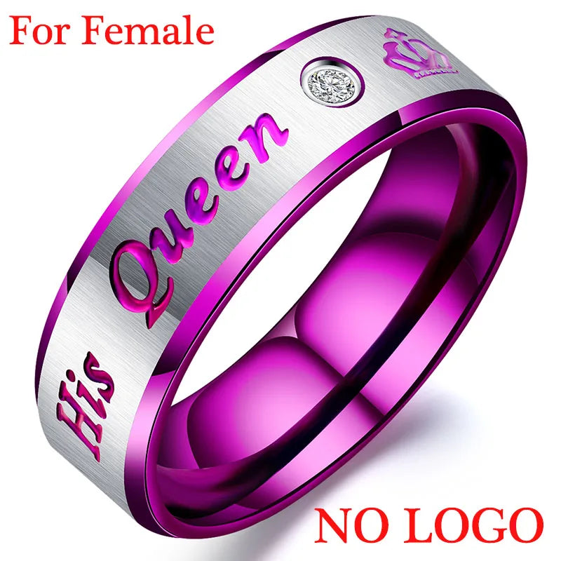 King Queen Couple Rings Titanium Steel with Crown Engraving