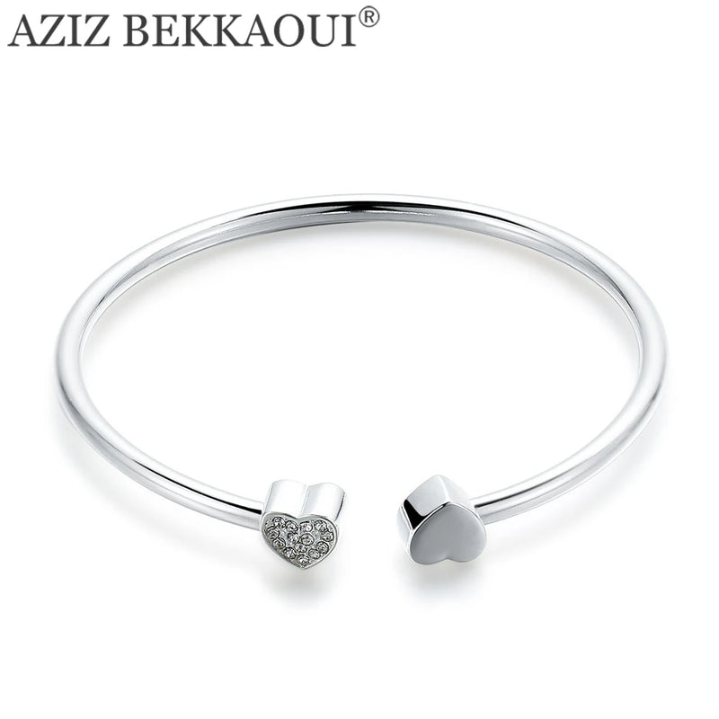 Clear Crystal Heart Charm Bracelet Cuff Bangle for Women
