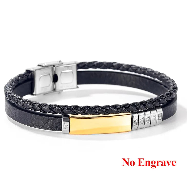 Customizable Stainless Steel Leather Bracelet With Diamond