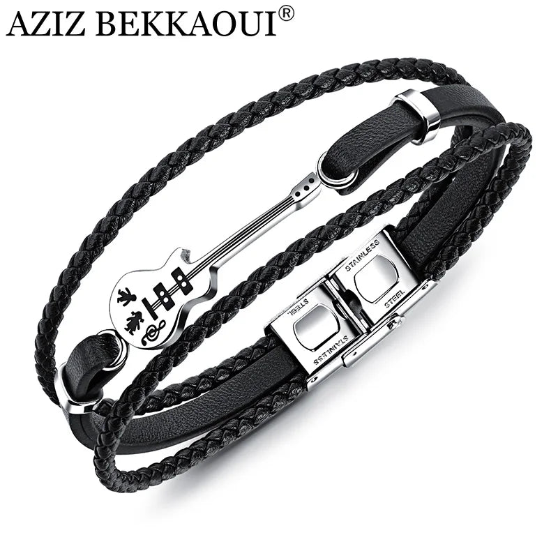 Stainless Steel Guitar Bracelet Logo Leather Bangle for Men